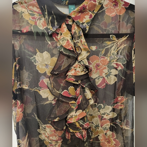 Ralph Lauren Sheer Ruffle Blouse Brown Floral Size Medium - Picture 4 of 9